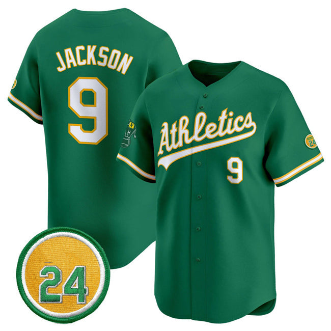 Oakland Athletics #9 Reggie Jackson Green 2024 Limited With Rickey Henderson Patch Stitched Baseball Jersey baseball jersey product view 1
