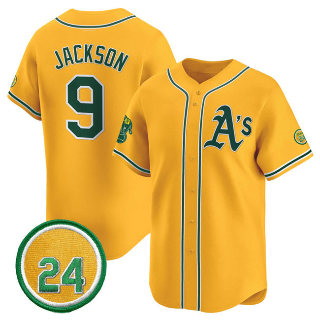 Oakland Athletics #9 Reggie Jackson Yellow 2024 Limited With Rickey Henderson Patch Stitched Baseball Jersey baseball jersey product view 1