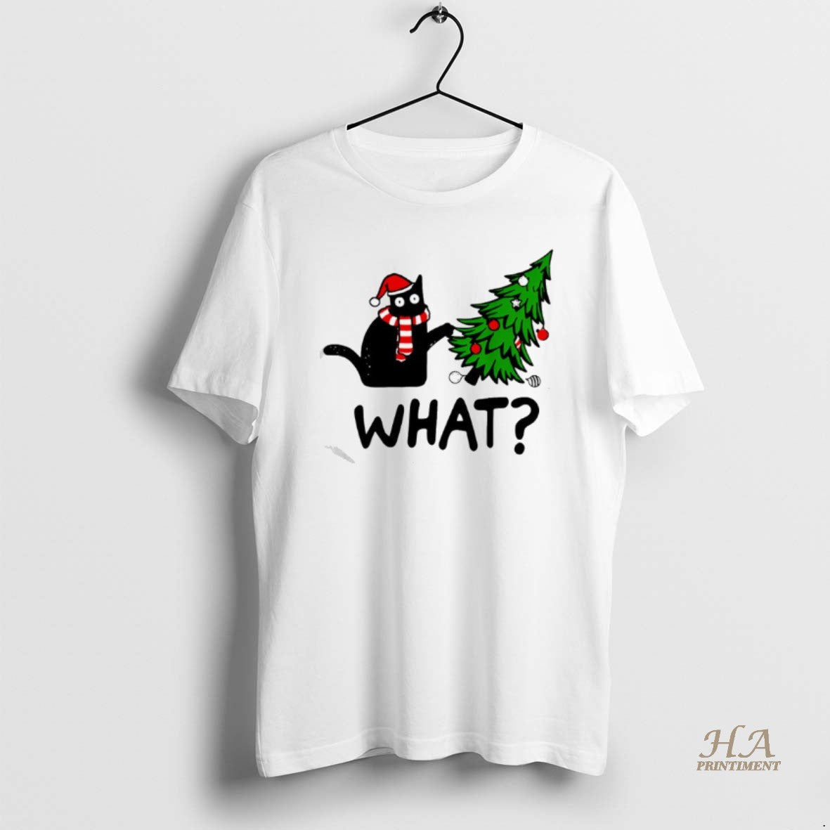 Official Black Cat Gift Pushing Christmas Tree Over - Adult & Kids T-Shirts, Sweatshirts & Hoodies apparel design preview 1