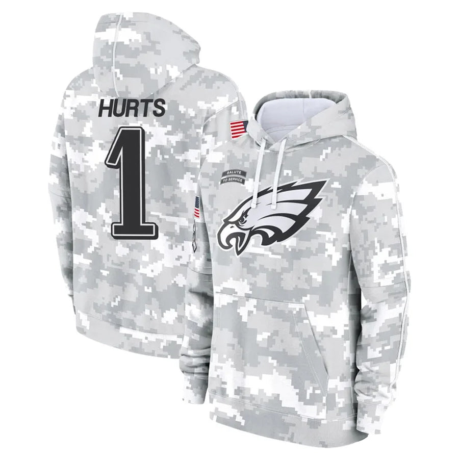 P.Eagles #1 Jalen Hurts Player Military Hoodie Arctic Camo Salute To Service Football Jerseys football jersey product view 1