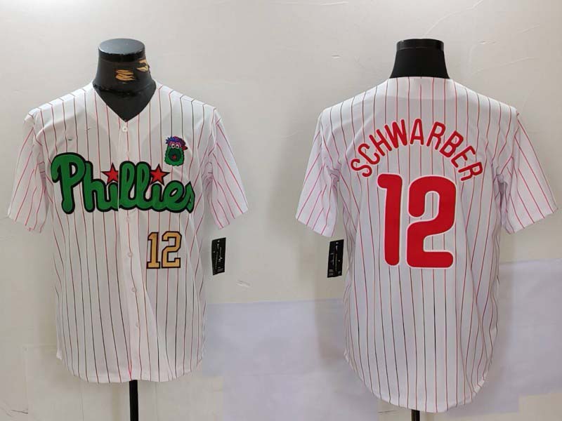 Philadelphia Phillies #12 Kyle Schwarber White Green Cool Base Stitched Baseball Jersey baseball jersey product view 1