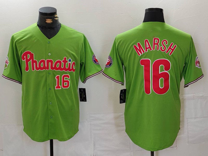Philadelphia Phillies #16 Brandon Marsh Number Green With Patch Stitched Cool Base Baseball Jersey baseball jersey product view 1