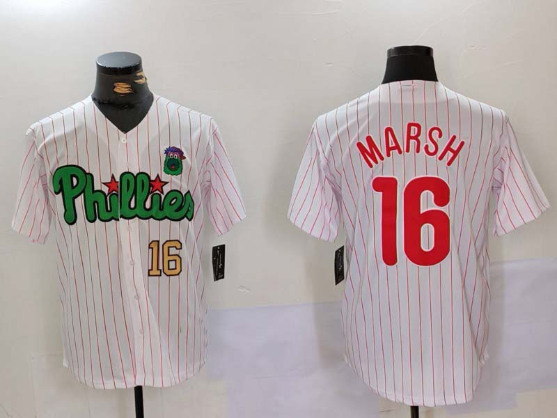Philadelphia Phillies #16 Brandon Marsh White Green Cool Base Stitched Baseball Jersey baseball jersey product view 1