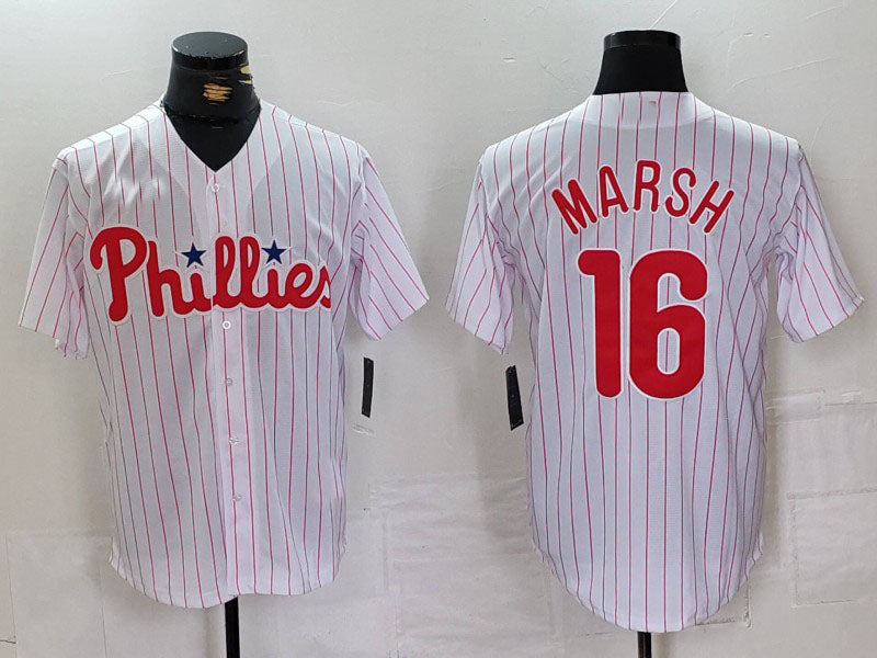 Philadelphia Phillies #16 Brandon Marsh White Pinstripe Stitched Cool Base Baseball Jersey baseball jersey product view 1