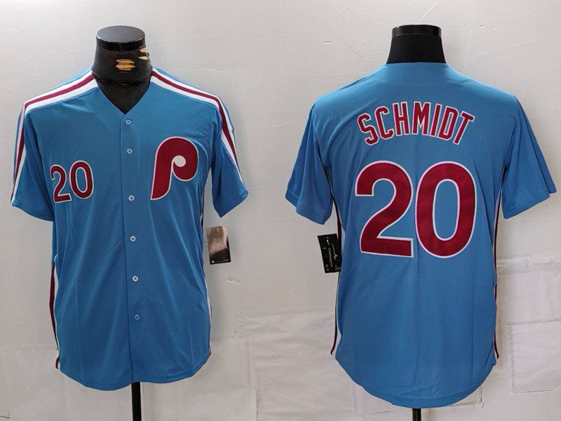 Philadelphia Phillies #20 Mike Schmidt Number Light Blue Cooperstown Cool Base Baseball Jersey baseball jersey product view 1