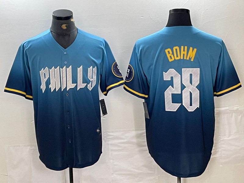Philadelphia Phillies #28 Alec Bohm Blue 2024 City Player Number Cool Base Stitched Baseball Jerseys baseball jersey product view 1