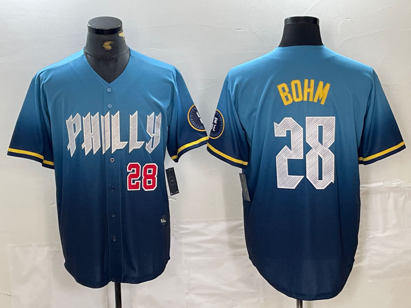Philadelphia Phillies #28 Alec Bohm Blue 2024 City Player Number Cool Base Stitched Baseball Jerseys baseball jersey product view 1