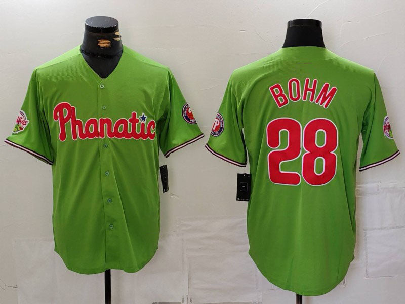 Philadelphia Phillies #28 Alec Bohm Green With Patch Stitched Cool Base Baseball Jersey baseball jersey product view 1