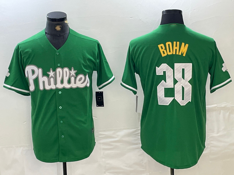 Philadelphia Phillies #28 Alec Bohm Kelly Green Cool Base Jersey Baseball Jerseys baseball jersey product view 1