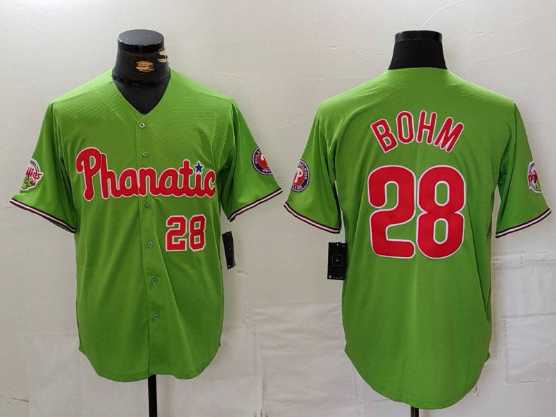 Philadelphia Phillies #28 Alec Bohm Number Green With Patch Stitched Cool Base Baseball Jersey baseball jersey product view 1