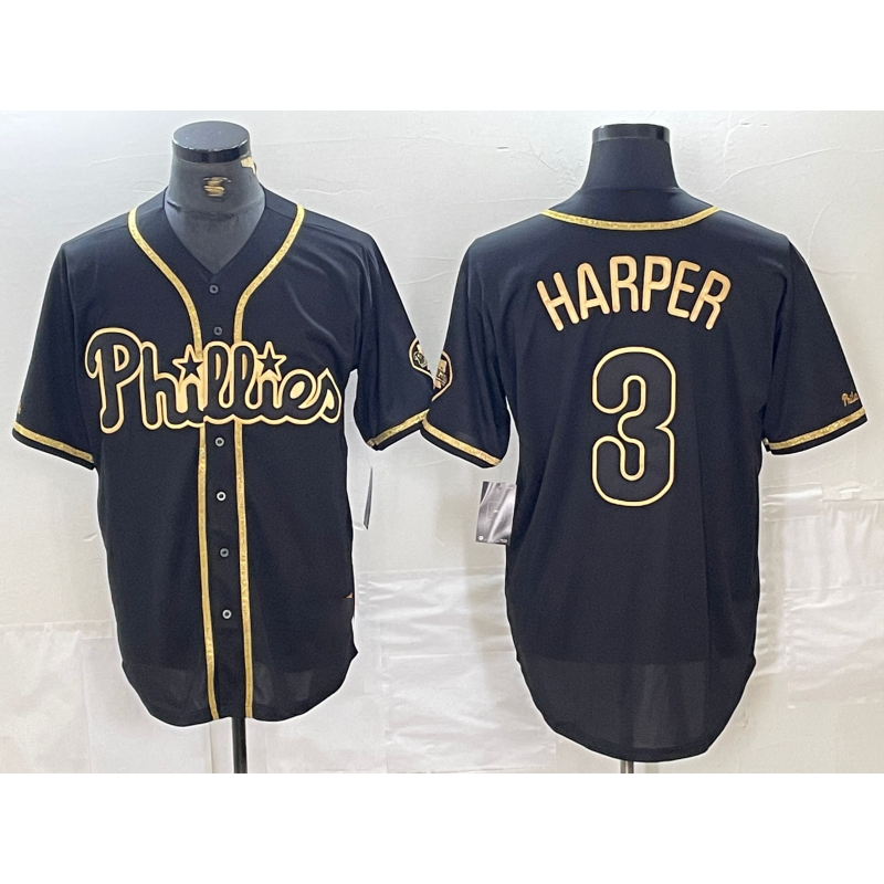 Philadelphia Phillies #3 Bryce Harper Black Gold Cool Base Stitched Baseball Jersey baseball jersey product view 1