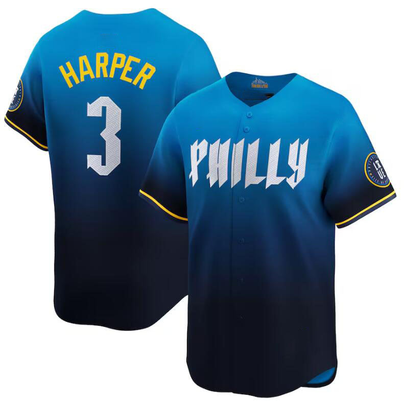Philadelphia Phillies #3 Bryce Harper Blue 2024 City Connect Limited Stitched Baseball Jersey baseball jersey product view 1