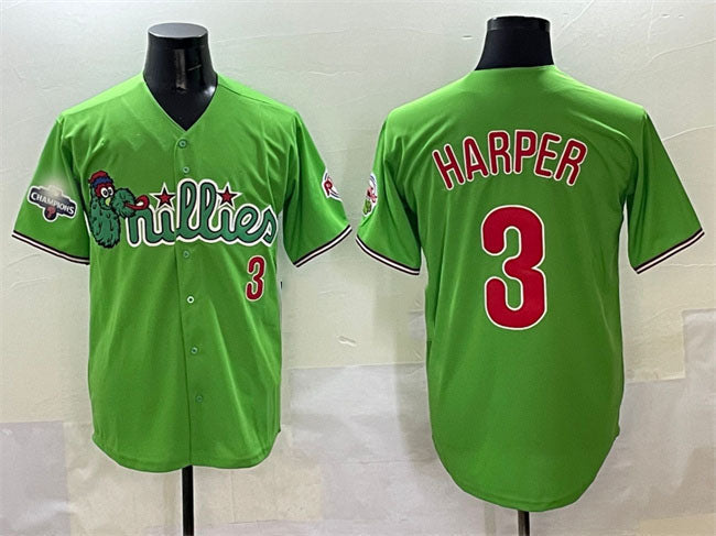 Philadelphia Phillies #3 Bryce Harper Light Green Phanatic With 2024 Division Champions Patch Limited Stitched Baseball Jersey baseball jersey product view 1