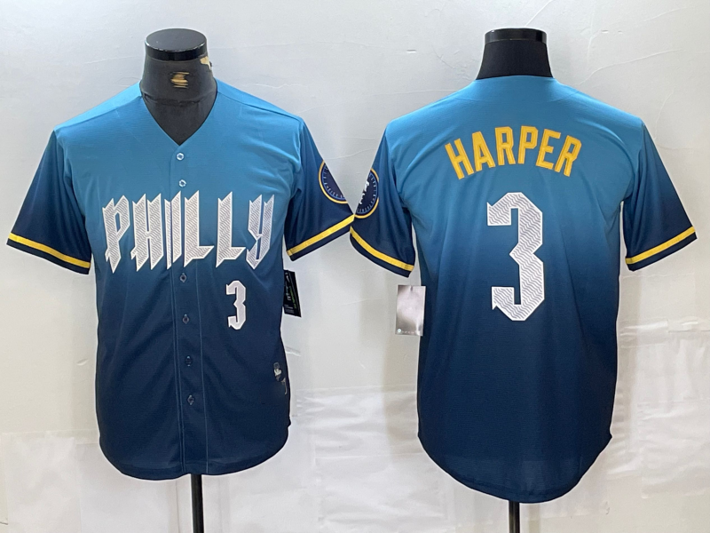 Philadelphia Phillies #3 Bryce Harper Number Blue 2024 City Connect Limited Stitched Baseball Jerseys baseball jersey product view 1