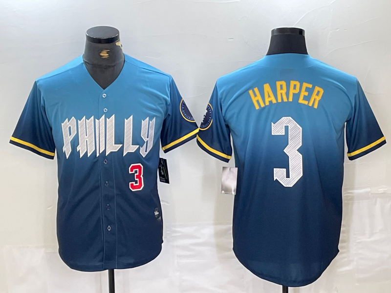 Philadelphia Phillies #3 Bryce Harper Number Blue 2024 City Connect Limited Stitched Baseball Jerseys baseball jersey product view 1