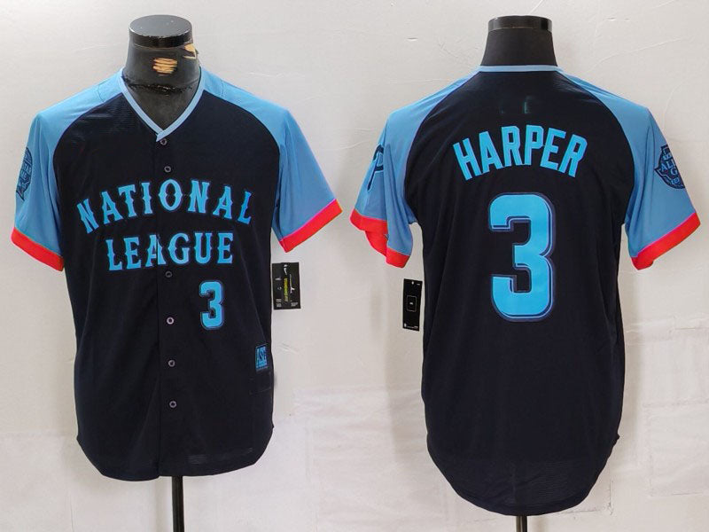 Philadelphia Phillies #3 Bryce Harper Number Navy 2024 All Star Limited Stitched Baseball Jersey baseball jersey product view 1