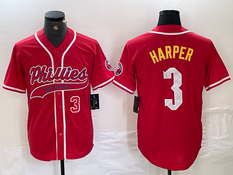 Philadelphia Phillies #3 Bryce Harper Number Red Cool Base Stitched Baseball Jersey baseball jersey product view 1