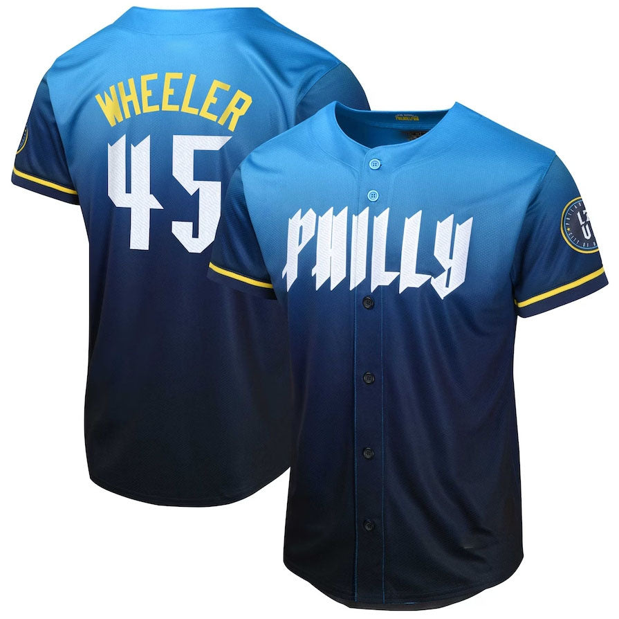 Philadelphia Phillies #45 Zack Wheeler 2024 City Connect Limited Player Jersey - Blue Stitches Baseball Jerseys baseball jersey product view 1
