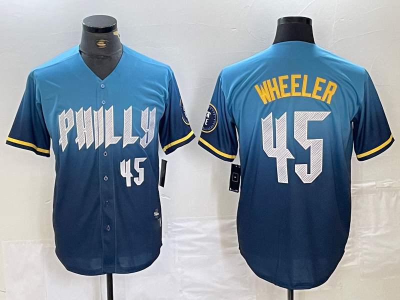 Philadelphia Phillies #45 Zack Wheeler Blue 2024 City Player Number Cool Base Stitched Baseball Jersey baseball jersey product view 1