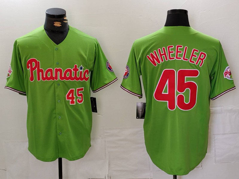 Philadelphia Phillies #45 Zack Wheeler Number Green With Patch Stitched Cool Base Baseball Jersey baseball jersey product view 1