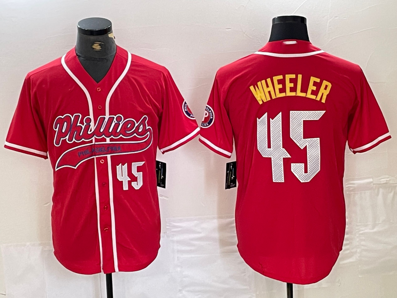 Philadelphia Phillies #45 Zack Wheeler Number Red Cool Base Stitched Baseball Jersey baseball jersey product view 1