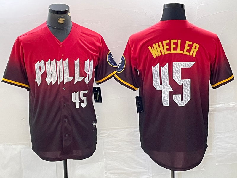 Philadelphia Phillies #45 Zack Wheeler Red 2024 City Player Number Cool Base Baseball Jersey baseball jersey product view 1