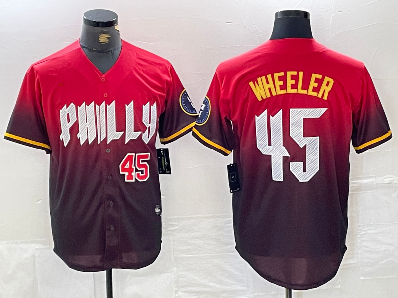 Philadelphia Phillies #45 Zack Wheeler Red 2024 City Player Number Cool Base Baseball Jersey baseball jersey product view 1