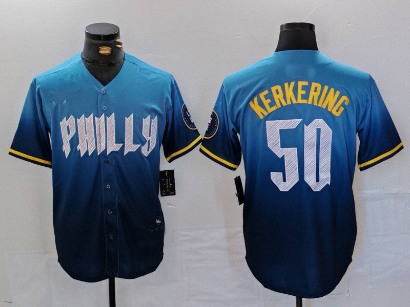 Philadelphia Phillies #50 Orion Kerkering Blue 2024 City Connect Limited Stitched Baseball Jersey baseball jersey product view 1