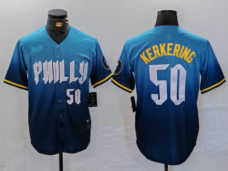 Philadelphia Phillies #50 Orion Kerkering Number Blue 2024 City Connect Limited Stitched Baseball Jersey baseball jersey product view 1