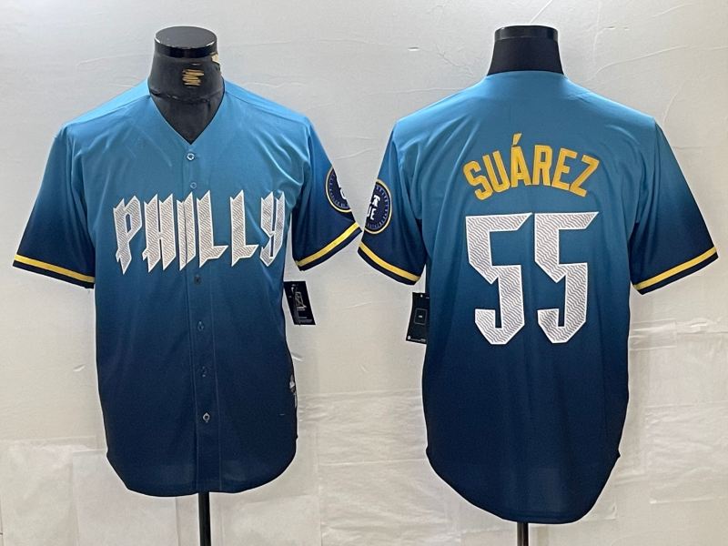 Philadelphia Phillies #55 Ranger Suarez Blue 2024 City Cool Base Baseball Jersey baseball jersey product view 1