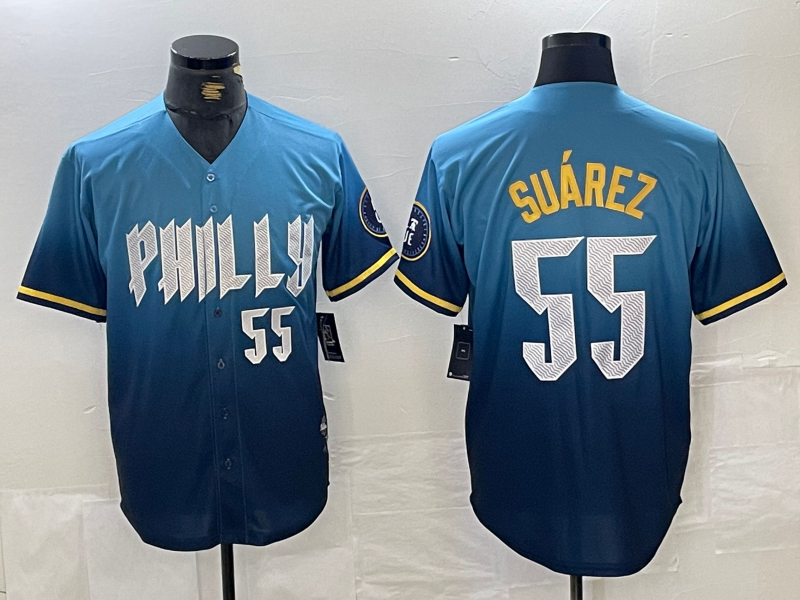 Philadelphia Phillies #55 Ranger Suarez Blue 2024 City Player Number Cool Base Baseball Jersey baseball jersey product view 1