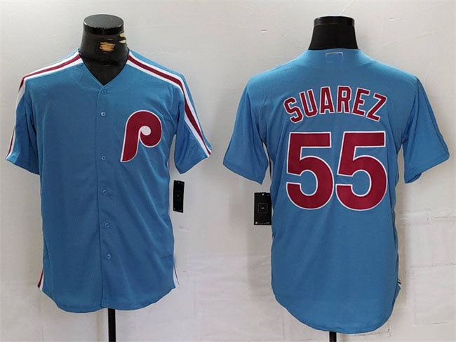 Philadelphia Phillies #55 Ranger Su¨¢rez Blue Cool Base Stitched Baseball Jersey baseball jersey product view 1