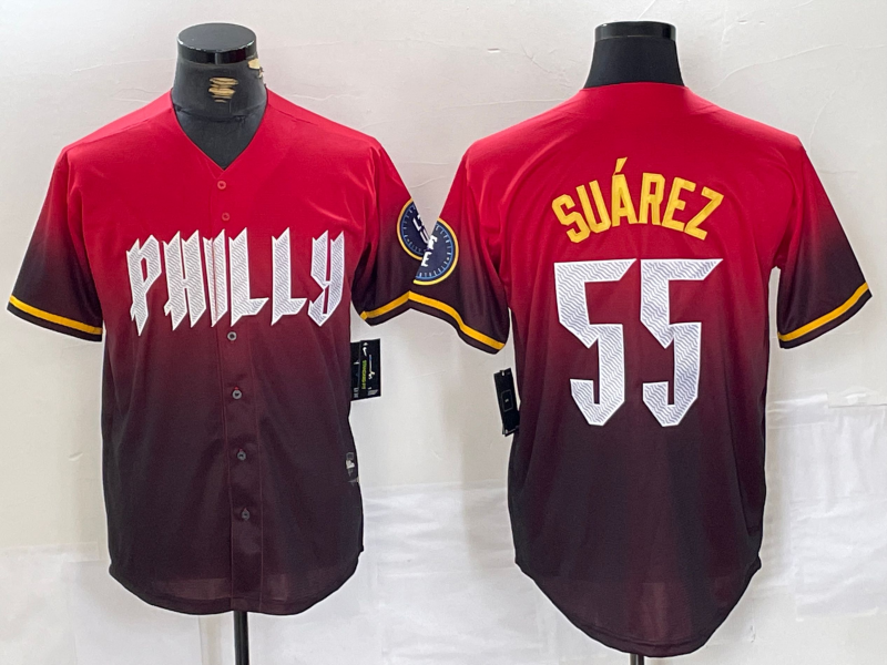 Philadelphia Phillies #55 Ranger Suarez Red 2024 City Player Number Cool Base Baseball Jersey baseball jersey product view 1