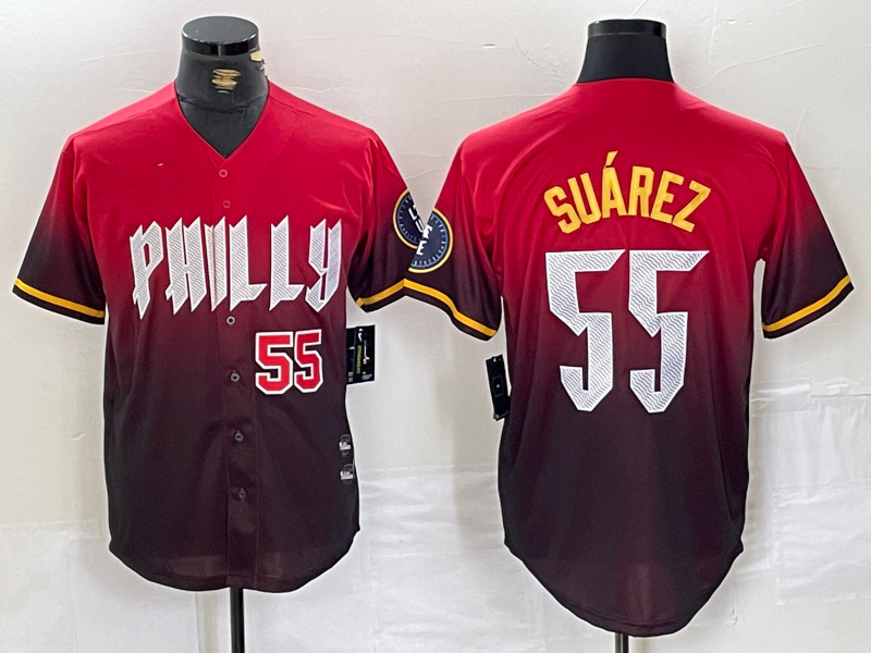 Philadelphia Phillies #55 Ranger Suarez Red 2024 City Player Number Cool Base Baseball Jersey baseball jersey product view 1