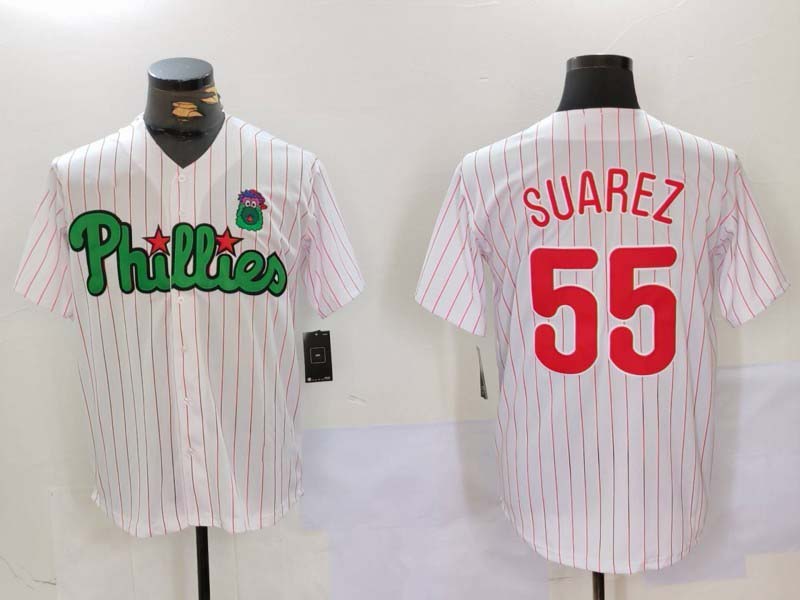 Philadelphia Phillies #55 Ranger Su¨¢rez White Green Cool Base Stitched Baseball Jersey baseball jersey product view 1