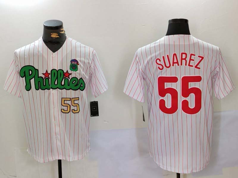 Philadelphia Phillies #55 Ranger Su¨¢rez White Green Cool Base Stitched Baseball Jersey baseball jersey product view 1