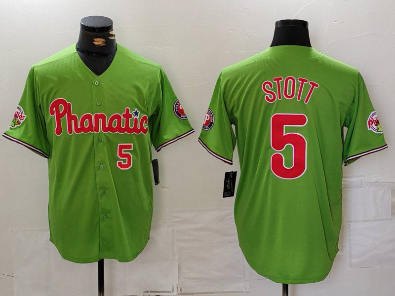 Philadelphia Phillies #5 Bryson Stott Number Green With Patch Stitched Cool Base Baseball Jersey baseball jersey product view 1