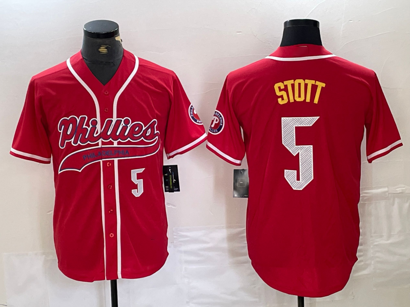 Philadelphia Phillies #5 Bryson Stott Number Red Cool Base Stitched Baseball Jersey baseball jersey product view 1