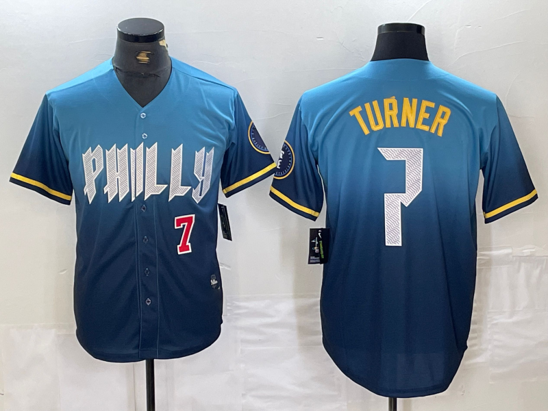 Philadelphia Phillies #7 Trea Turner Number Blue 2024 City Connect Limited Stitched Baseball Jerseys baseball jersey product view 1