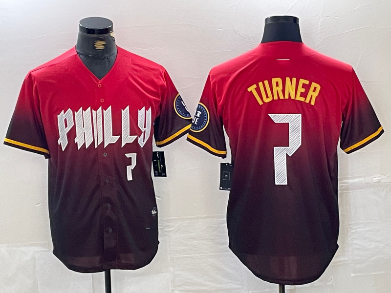 Philadelphia Phillies #7 Trea Turner Red 2024 City Player Number Cool Base Baseball Jersey baseball jersey product view 1