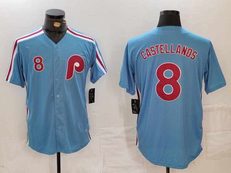 Philadelphia Phillies #8 Nick Castellanos Number Light Blue Cooperstown Cool Base Baseball Jersey baseball jersey product view 1