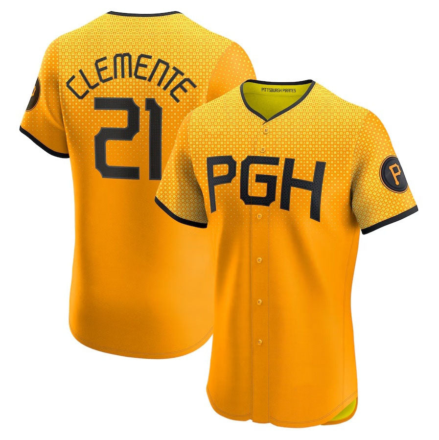 Pittsburgh Pirates #21 Roberto Clemente City Connect Elite Player Jersey - Gold Stitched Baseball Jersey baseball jersey product view 1