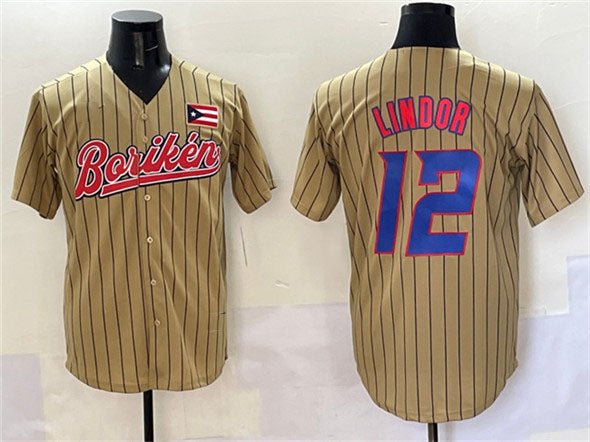 Puerto Rico Baseball #12 Francisco Lindor Tan 2023 World Baseball Classic Stitched Baseball Jersey baseball jersey product view 1