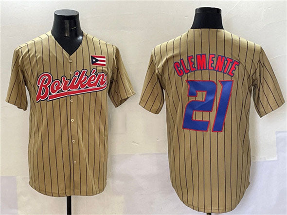 Puerto Rico Baseball #21 Roberto Clemente Tan 2023 World Baseball Classic Stitched Baseball Jersey baseball jersey product view 1
