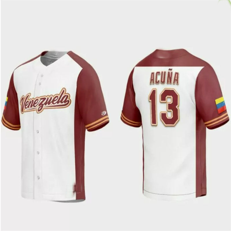 #13 Ronald Acuna Jr. Venezuela Baseball 2023 World Baseball Classic Replica Jersey ¨C White Burgundy Stitches Baseball Jerseys baseball jersey product view 1