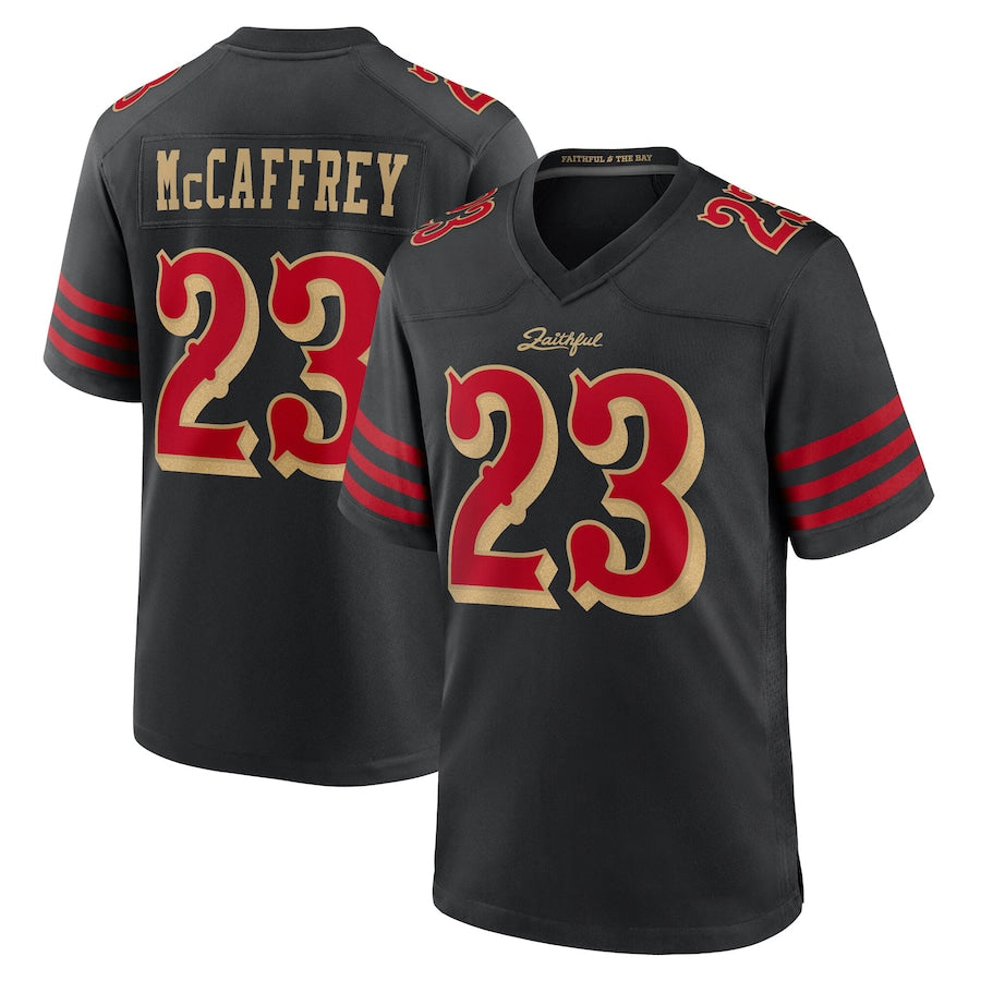 SF.49ers #23 Christian McCaffrey Player Rivalries Collection Black Game Football Jerseys football jersey product view 2