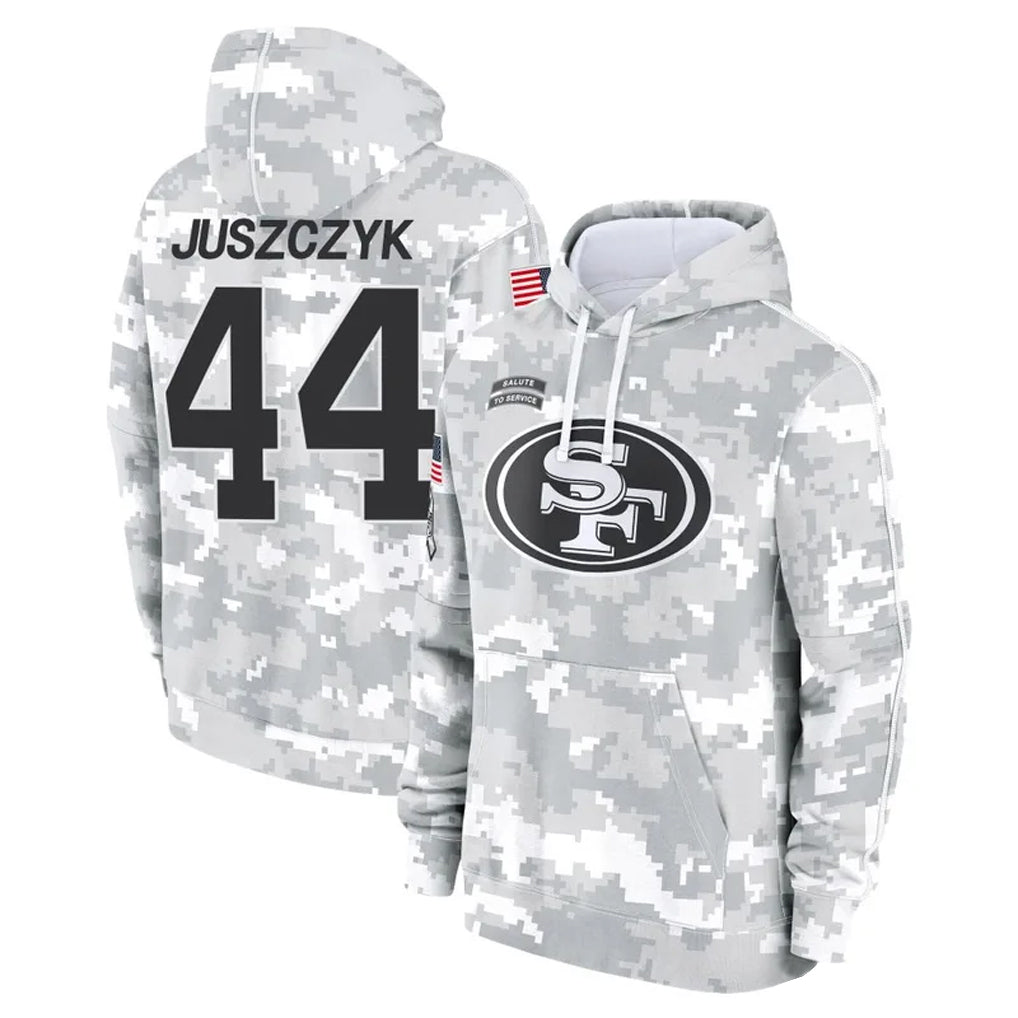 SF.49ers #44 Kyle Juszczyk Player Arctic Camo Salute to Service Hoodies Football Jerseys football jersey product view 1