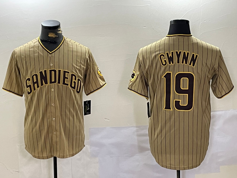San Diego Padres #19 Tony Gwynn Khaki Team Logo Cool Base Stitched Baseball Jersey baseball jersey product view 1