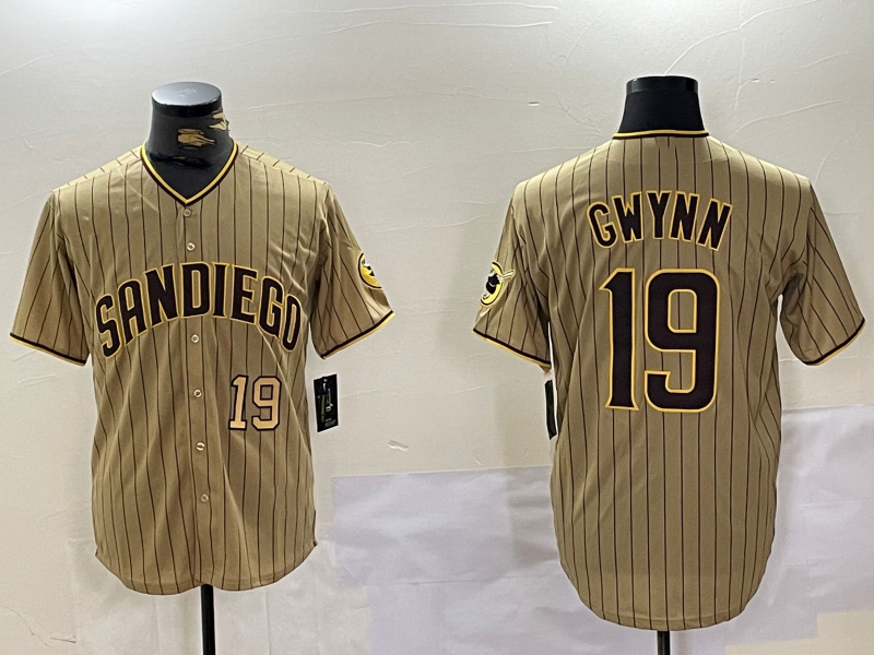 San Diego Padres #19 Tony Gwynn Khaki Team Logo Cool Base Stitched Baseball Jersey baseball jersey product view 1