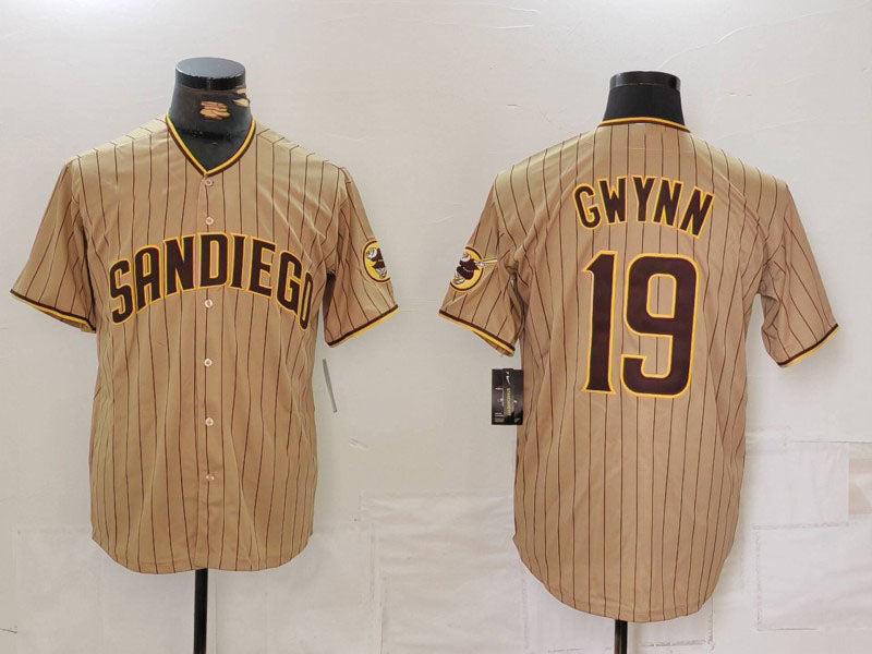 San Diego Padres #19 Tony Gwynn Khaki Team Logo Stitched Cool Base Baseball Jersey baseball jersey product view 1